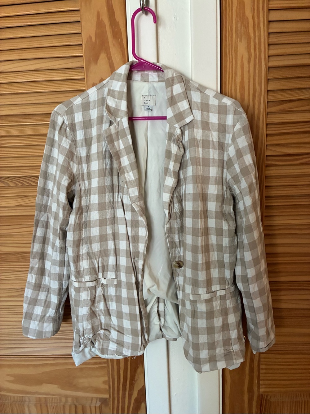 Beige and White Gingham Blazer - Women's Casual Suit Jacket a new day size m